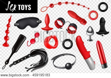 Sex Toys Transparent Set For Bdsm With Leather Whip Mask Bracelet Vibrator Realistic Icons Isolated 