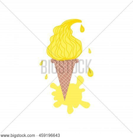 Doodle Melting Ice Cream Lemon Cone With Drops And Puddle. Perfect Print For Tee, Stickers, Poster. 