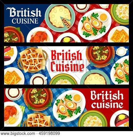 British Cuisine Restaurant Meals And Dishes Banners. Coffee, Irish Stew And Hot Cross Buns, Duck Pie
