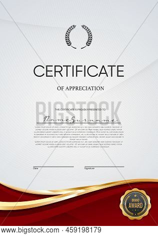 Award Certificate Of Appreciation. Diploma Template With Vector Elegant Border Line, Gold Badge, Her