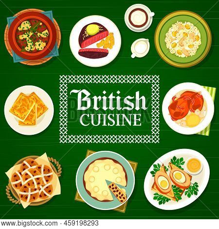 British Cuisine Meals Menu Cover Vector Template. Scotch Eggs, Baked Rabbit And Irish Stew, Coffee, 
