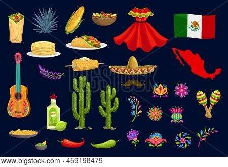 Mexican Holiday Food, Items And National Symbols. Mexican Tacos, Burrito And Corn, Agave Tequila Or 