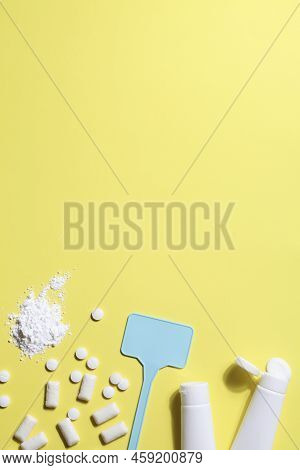 Titanium Dioxide, E171, Dangerous Additive Concept. Gum, Pills, Toothpaste, Powder And Sign With Spa