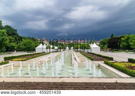 Sofia, Bulgaria - June 6, 2022: Fountains At National Palace Of Culture (ndk) At Cloudy Day.
