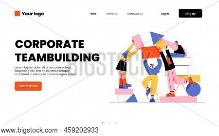 Corporate Teambuilding Landing Page. People Work Together Set Up Abstract Geometric Shapes. Business