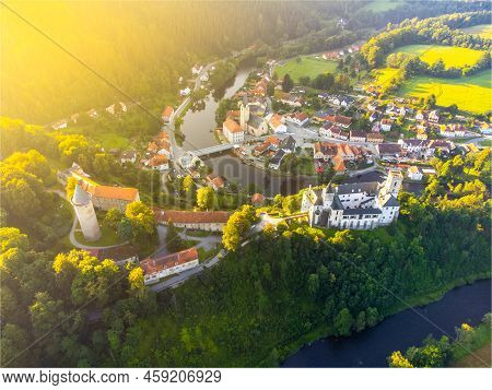 Rozmberk Castle Above Vltava River, Rozmberk Nad Vltavou, Czech Republic . Aerial View From Drone.