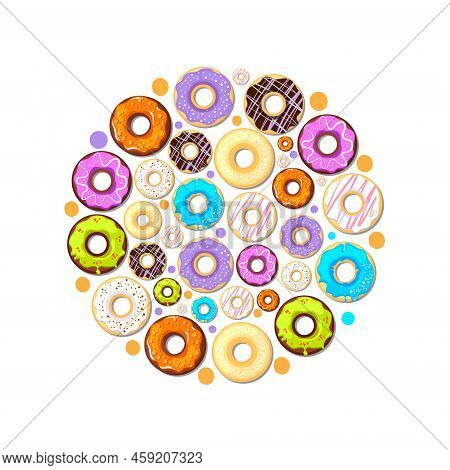 Donuts. Delicious Tasty Glazy Donuts From Sweets Pastries. Vector Cakes In Circle Form