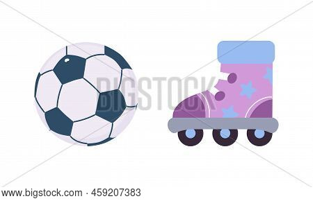 Football And Roller Skates As Colorful Kids Toy Vector Set