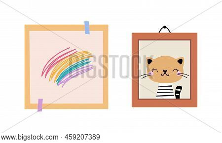 Frame With Cat Picture And Card With Drawing As Colorful Kids Toy Vector Set