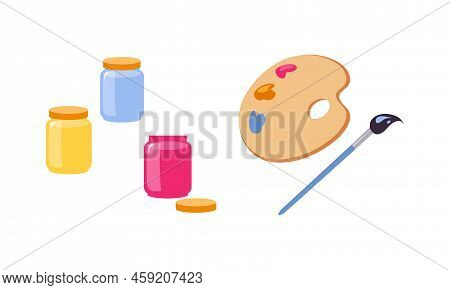 Color Palette With Brush And Paint Jar As Colorful Kids Toy Vector Set