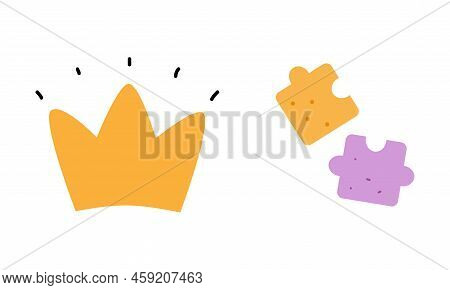 Golden Crown And Jigsaw Puzzle As Colorful Kids Toy Vector Set