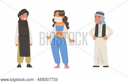 Arab Man And Woman Standing In Traditional Muslim Dress And Long Flowing Garment Vector Set