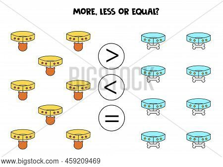 More, Less, Equal With Cute Pet Collars. Math Game.