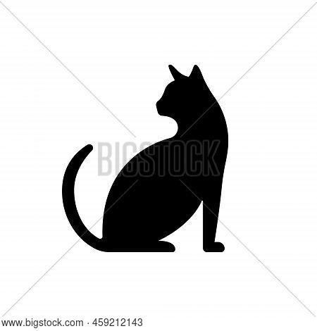 Black Cat With Tail Silhouette Icon. Cute Kitten Sitting Glyph Pictogram. Pet Kitty Simple Flat Symb