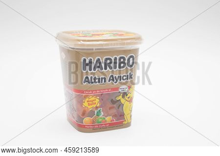 Box Packing Of Gummy Bears Haribo On White Background.