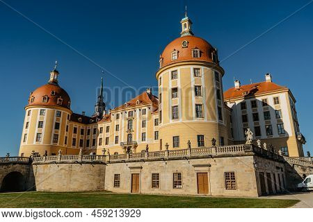 View Of Fairy Tale Moritzburg Castle In Saxony,germany.magnificent Baroque Palace In Middle Of Large