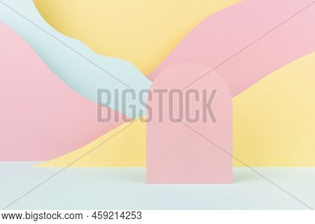 Arch Pink Podium Mockup With Abstract Mountain Landscape - Colorful Pastel Pink, Yellow, Mint Color 
