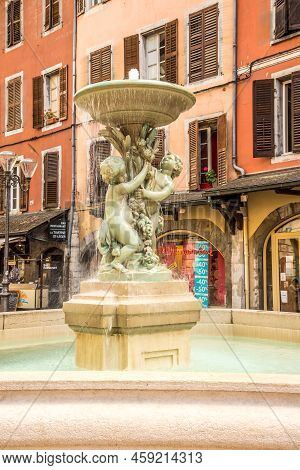 Chambery, France - June 25,2022 - View At The Fountain Of Marmosets In The Streets Of Chambery. Cham