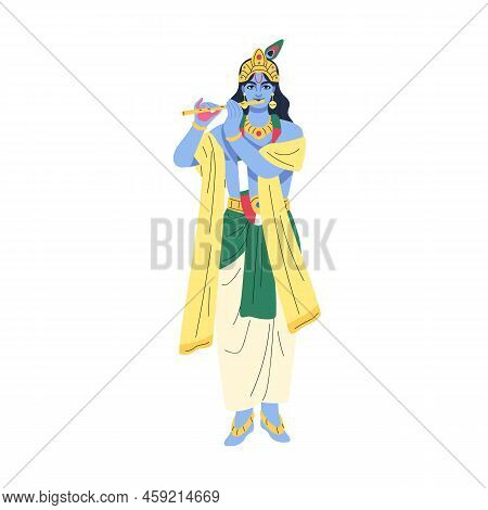 Krishna Janmashtami, Indian God Of Hinduism. Major Hindu Deity Of Love Playing Music, Flute. Krishan