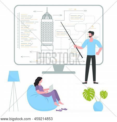 Vector Illustration Teacher Teaching People. Construction Architecture Learning Course Workshop Lect
