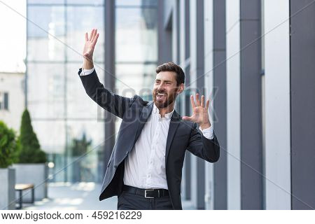 Cheerful Happy Business Man Dancing Walk The City Street Background A Modern Office Building Outside