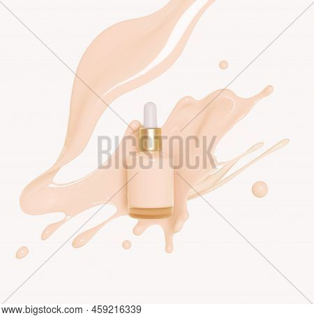 Pink Make Up Liquid Foundation Cream Cosmetics Bottle On Splashing Cosmetic Liquid. Cosmetic Product
