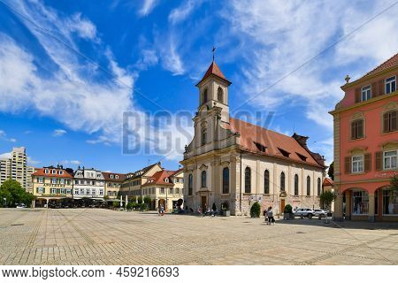 Ludwigsburg, Germany - July 2022: Old Market Square With Church Called 'zur Heiligsten Dreieinigkeit