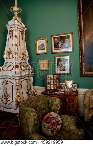 Slatinany, Czech Republic, 17 April 2022:  Castle Chateau Representative Interior With Baroque Woode