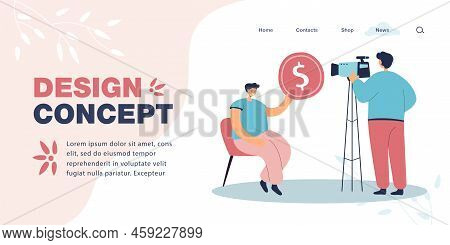 Man Giving Coin To Videographer Flat Vector Illustration. Director Recording Man On Camera. Client P