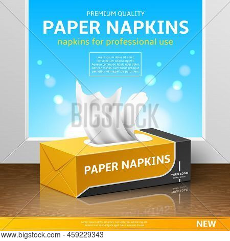 Tissue Box Poster. Realistic Dry Kitchen Napkins, Packaging Design, Hygiene Paper Products, Skin Cle