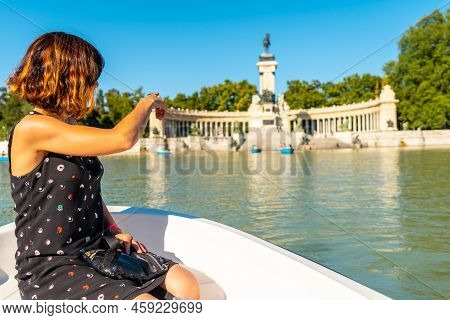 A Tourist At The Estanque Grande De El Retiro In The City Of Madrid. Spain