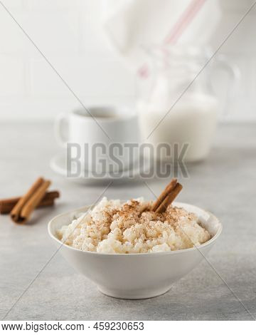Scandinavian Rice Porridge In A Bowl With Cinnamon. Healthy Breakfast.