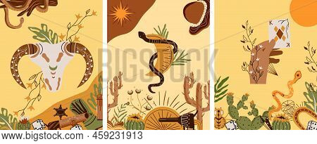 Set A Wild West Poster With An Animal Skull, A Mystical Snake Around The Moon, A Cowboy Hat, A Gun, 