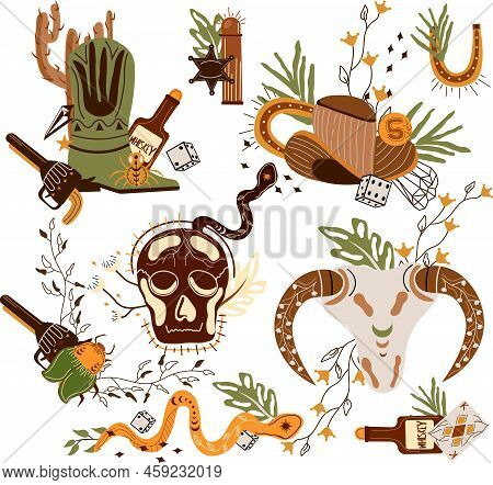 Set Wild West Composition With Cowboy Hat, Playing Cards, An Skull, A Mystical Snake, Dice, Gun And 