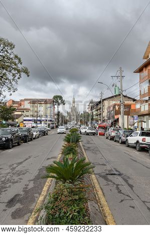 Canela, Rs, Brazil - May 19, 2022: Downtown Of Canela, Photo From Osvaldo Aranha Avenue, View To The