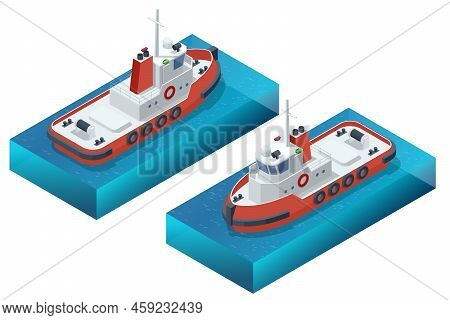 Isometric Tugboat. A Tugboat Or Tug Is A Marine Vessel That Manoeuvres Other Vessels By Pushing Or P