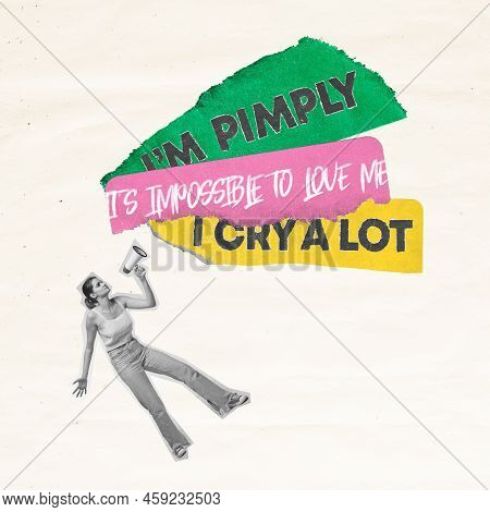 Contemporary Art Collage. Conceptual Image Of Yo9ung Girl Shouting About Lack Of Self-esteem, Feelin