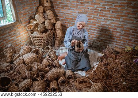 Top View Of Hijab Woman Craftswoman Water Hyacinth Weaving Handicrafts
