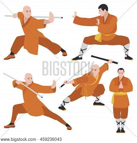 Kung Fu. Wushu. Set Of Kung Fu Fighters. Flat Design. Vector Illustration On A White Background.