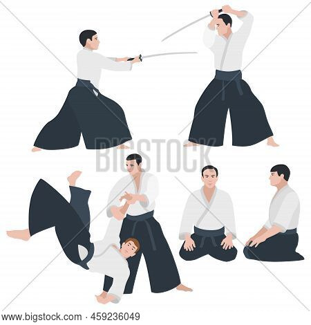 Aikido. Set Of Aikido Fighters. Flat Design. Vector Illustration On A White Background.