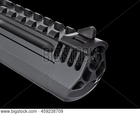Front Sight And Muzzle On A Semi Automatic Pistol On Black