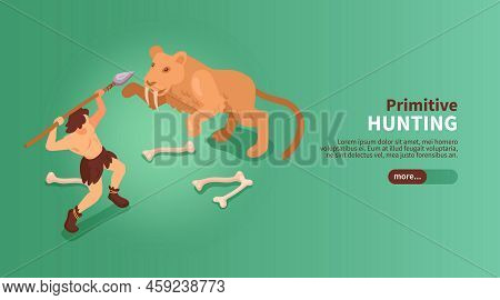 Isometric Primitive People Caveman Banner With Text Slider Button Images Of Human And Sabre Toothed 