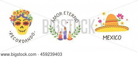 Day Of The Dead Cards Set. Dia De Muertos Hand Lettering With Skull Print. Mexico Icon With Sombrero