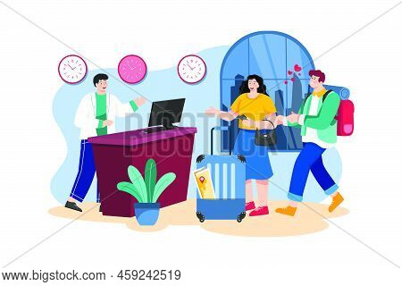 Young Couple With Suitcases Is Standing At The Hotel Reception Desk