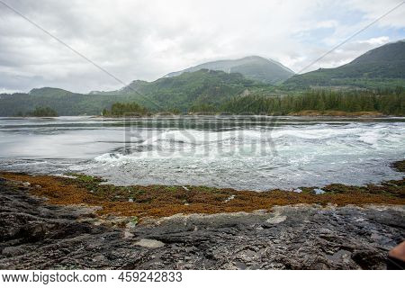 The Skookumchuck Rapids In Sechelt Inlet At A A High Tide. View The Rapids Or Whirlpools With The Eb