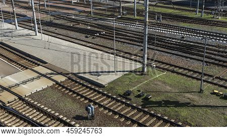 Top Perspective View On Many Railway Track Lines. Railway, Railroad Track. Cargo And Journey Concept