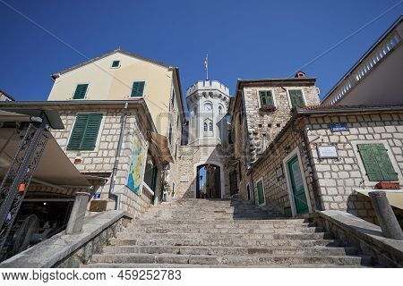 Herceg Novi, Montenegro - July 24, 2021: Sahat Kula Clock Tower At The Entrance To The Old Town