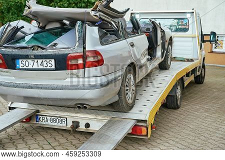 Wrecked Car Loading On Tow Truck After Crash Traffic Accident, Concept Of Dangerous Driving After Dr