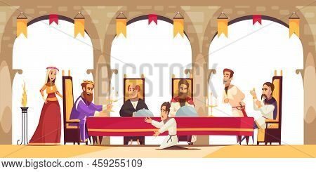 Castle Cartoon Poster With King Sitting On Throne Surrounded By His Entourage And Citizen Asking On 