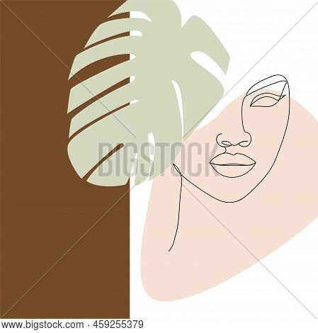 Line Art Face. Nice Design, Poster With Minimal Woman Face And Monstera Leaf. One Line Drawing Style